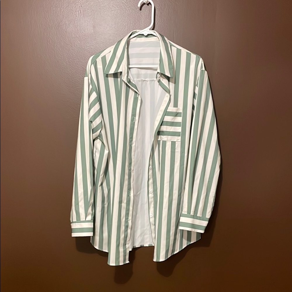 Green and White Striped Button-Up Shirt